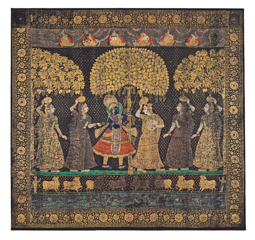 Pichhvai of Dana Lila (the demanding of toll)
Deccan, possibly Hyderabad, mid-19th century
Cotton; with stenciled and painted design, gold and silver applied with an adhesive and painted pigments, including copper acetate arsenite (&amp;#39;emerald green&amp;#39;)
Textile: 1001 x 94 1/4 inches (256.5 x 239.5 cm)
Stretcher: 101 1/8 x 96 1/8 inches (257 x 244 cm)