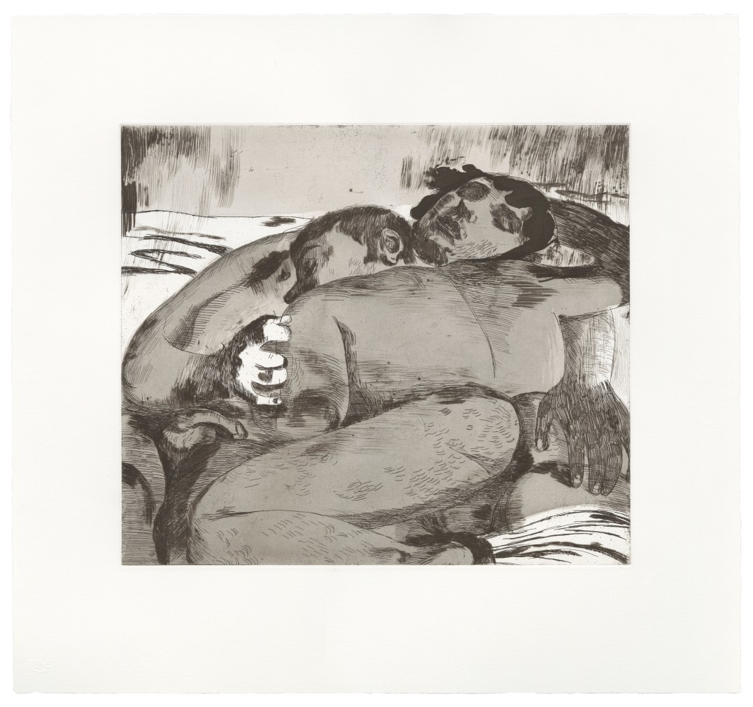Salman Toor
The Cuddlers, 2025
Intaglio on Arches En Tout Cas paper
18 5/8 x 20 inches (47.3 x 50.8 cm)
Framed: 21 1/2 x 23 inches (54.6 x 58.4 cm)
Limited Edition