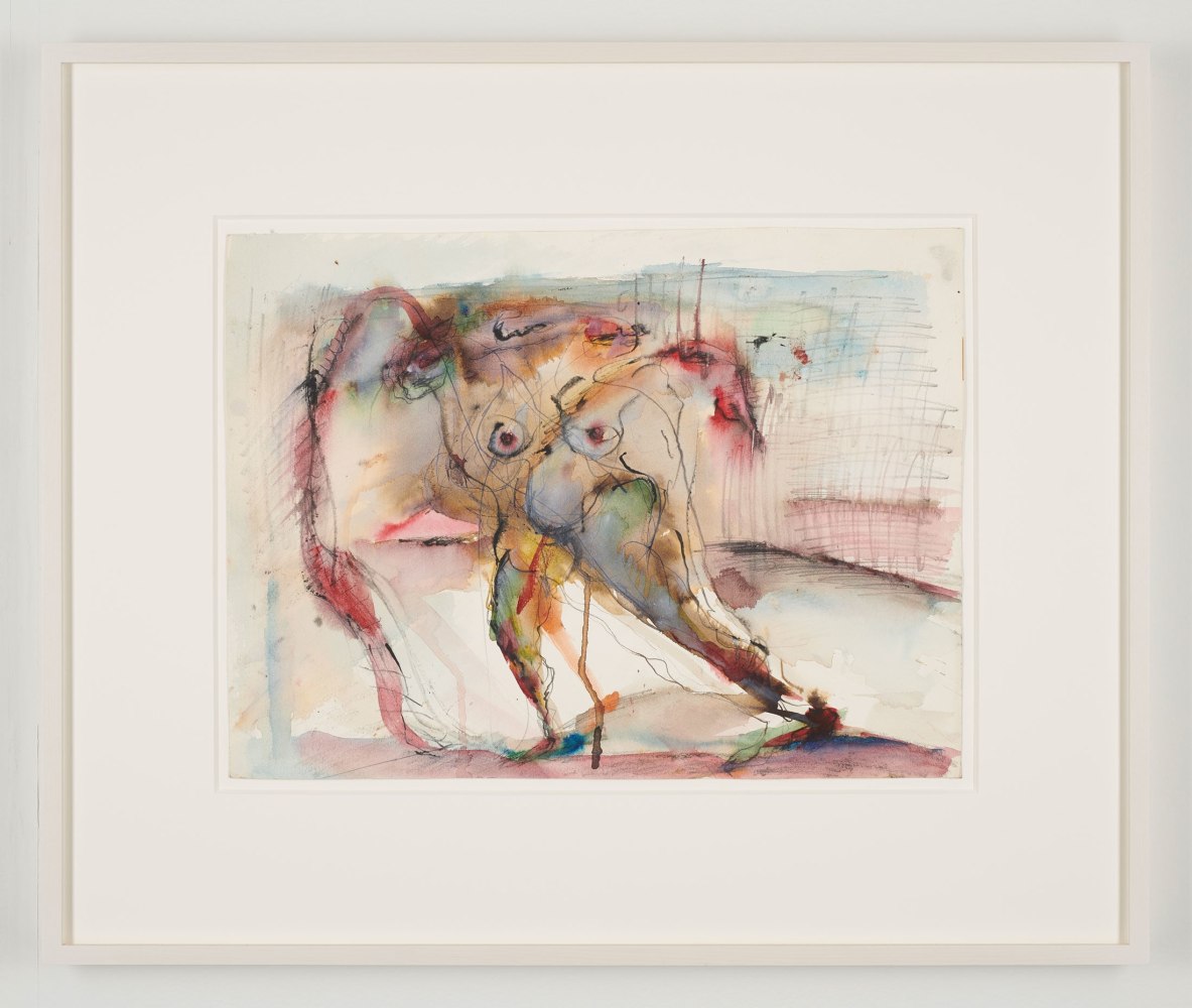 Lucia Nogueira
Coronation No. 3, 1984-86
Watercolor, pen, ink, gouache, wax crayon and pencil on paper
Image size: 13 3/4 x 18 1/2 inches (34.9 x 47 cm)
Frame size: 23 1/8 x 27 3/4 x 1 3/8 inches (58.7 x 70.5 x 3.5 cm)