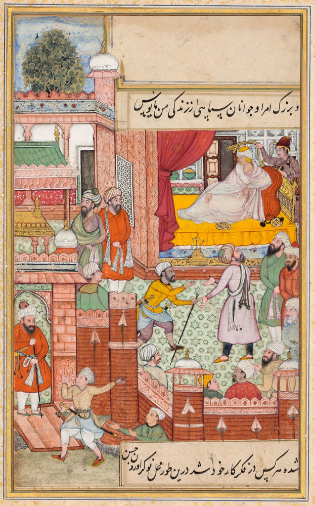 Babur receives an envoy from Uzun Hasan when lying sick in 1497, folio from the first Baburnama, Imperial Mughal, 1589-90
Opaque pigments, ink and gold on paper
Folio: 12 x 7 1/2 inches (30.3 x 19.5 cm)
Miniature: 8 x 5 inches (20.7 x 12.5 cm)