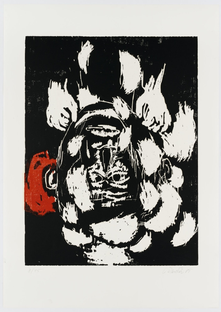 Georg Baselitz
Rotes Ohr [Lockenkopf III] (Red Ear [Curly Hair&amp;nbsp;III]), 1985
8/15
G. Baselitz 85
Cat. Rais. 488
Woodcut on paper
33 3/4 x 24 1/8 inches
(85.8 x 61.2 cm)
