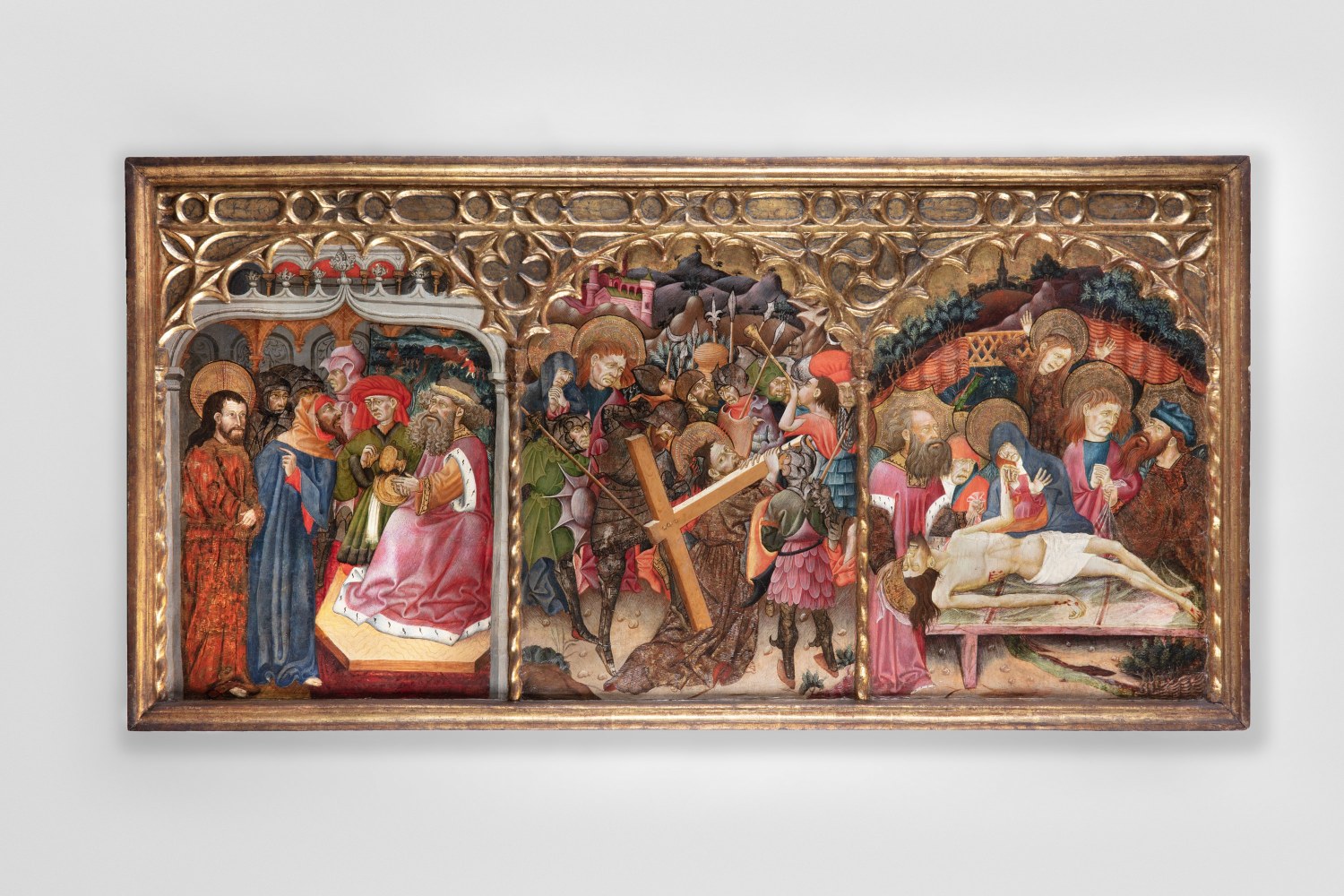 A predella depicting three scenes from the Passion of Christ,&amp;nbsp;c. 1440
North-eastern Spain, Crown of Aragon
Oil, tempera, gilding and silvering on softwood panel
30 1/4 x 59 1/2 inches
(77 x 151 cm)