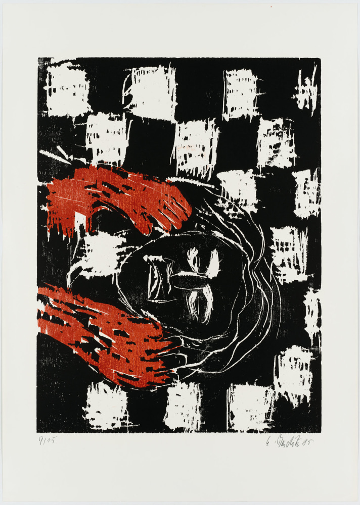 Georg Baselitz
Rote H&amp;auml;nde [Zwei H&amp;auml;nde] (Red hands [Two&amp;nbsp;hands]), 1985
G. Baselitz 85
Cat. Rais. 489
Woodcut on paper
9/15
From an edition of 15
33 3/4 x 24 1/8 inches
(85.8 x 61.2 cm)