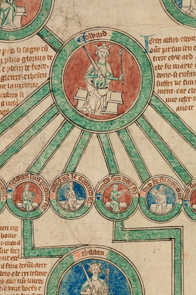 The Chaworth Roll: A genealogy of the kings of England tracing the royal succession from Ebgert to Henry V, with a map of roads of England and a Wheel of Fortune, 1321-27, with additions between 1399 and 1413
England, in Anglo-Norman and French
Ink and pigments on nine joined sheets of lined parchment
252 3/4 x 9 5/8 inches
(641.9 x 24.4 cm)