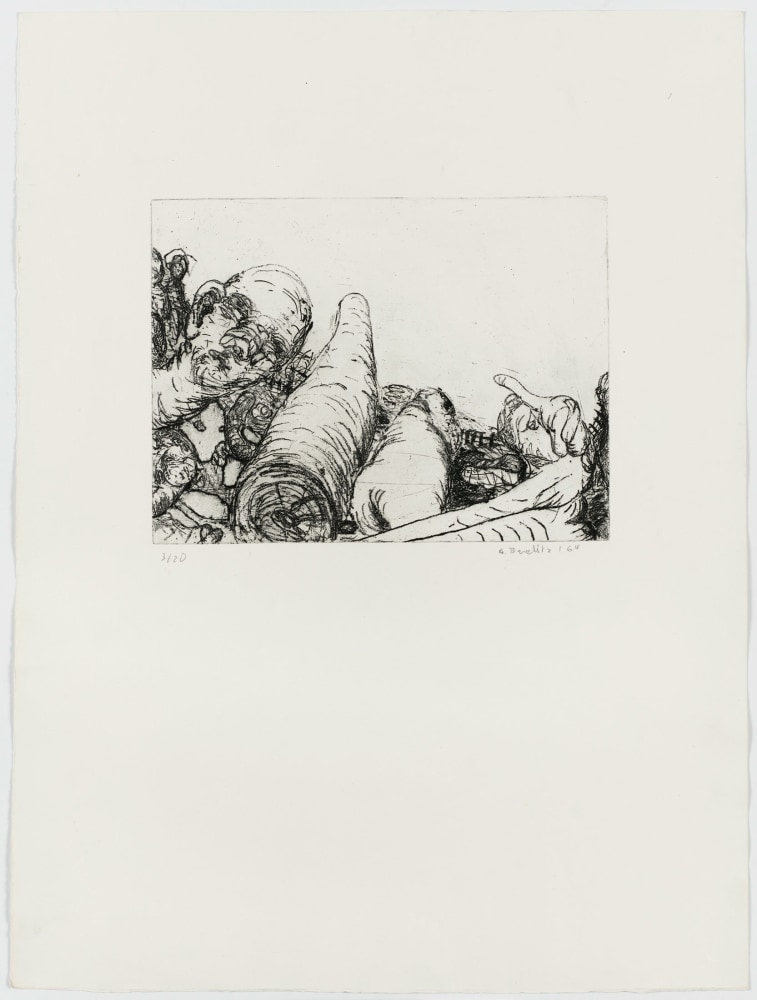 Georg Baselitz
Ohne Titel [Untitled], 1964
Signed/Dated: 3/20; Baselitz 64
Etching and soft-ground etching on zinc plate; on copper printing paper
Image size: 7 1/4 x 9 5/8 inches (18.4 x 24.4 cm)
Paper size: 20 5/8 x 15 5/8 inches (52.4 x 39.7 cm)
Framed dimensions: 24 3/4 x 18 13/16 inches (62.9 x 47.8 cm)
&amp;copy; Georg Baselitz 2021
Photo: &amp;copy;&amp;nbsp;bernhardstrauss.com