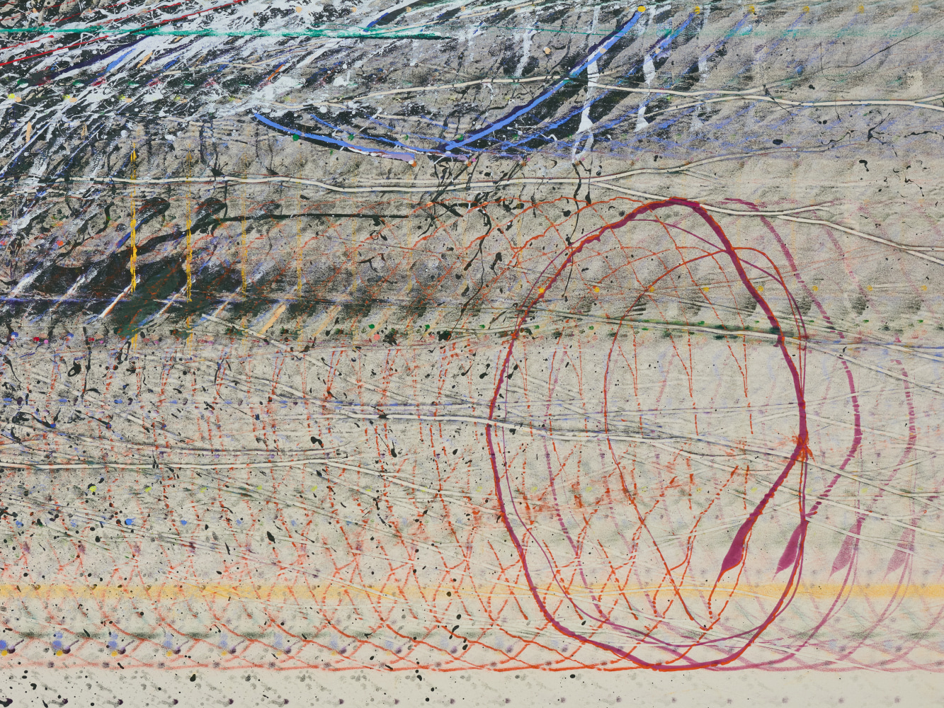 Emily Kraus
Agon (waveform),&amp;nbsp;2024 (detail)
Oil on canvas
114 1/8 x 255 7/8 inches
(290 x 650 cm)
Photo: Ollie Hammick