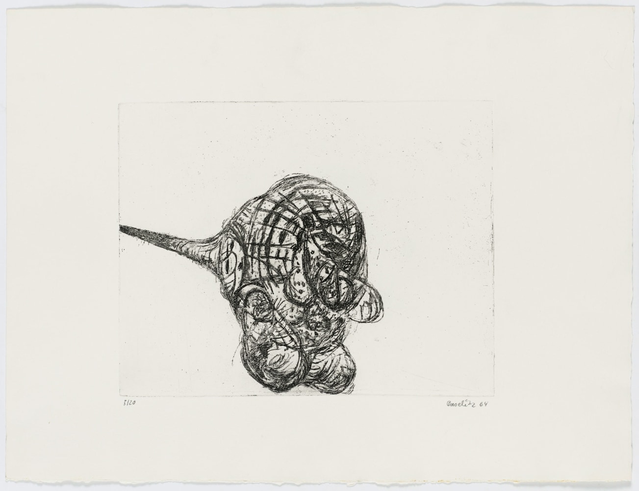 Georg Baselitz
Kopf [Head], 1964
Signed/Dated: 5/20; Baselitz 64
Etching and soft-ground etching on zinc plate; on copper printing paper
Image size: 9 5/8 x 12 1/4 inches (24.4 x 31.1 cm)
Paper size: 15 5/8 x 20 5/8 inches (39.7 x 52.4 cm)
Framed dimensions: 18 7/8 x 24 3/4 inches (47.9 x 62.9 cm)
&amp;copy; Georg Baselitz 2021
Photo:&amp;nbsp;&amp;copy;&amp;nbsp;bernhardstrauss.com