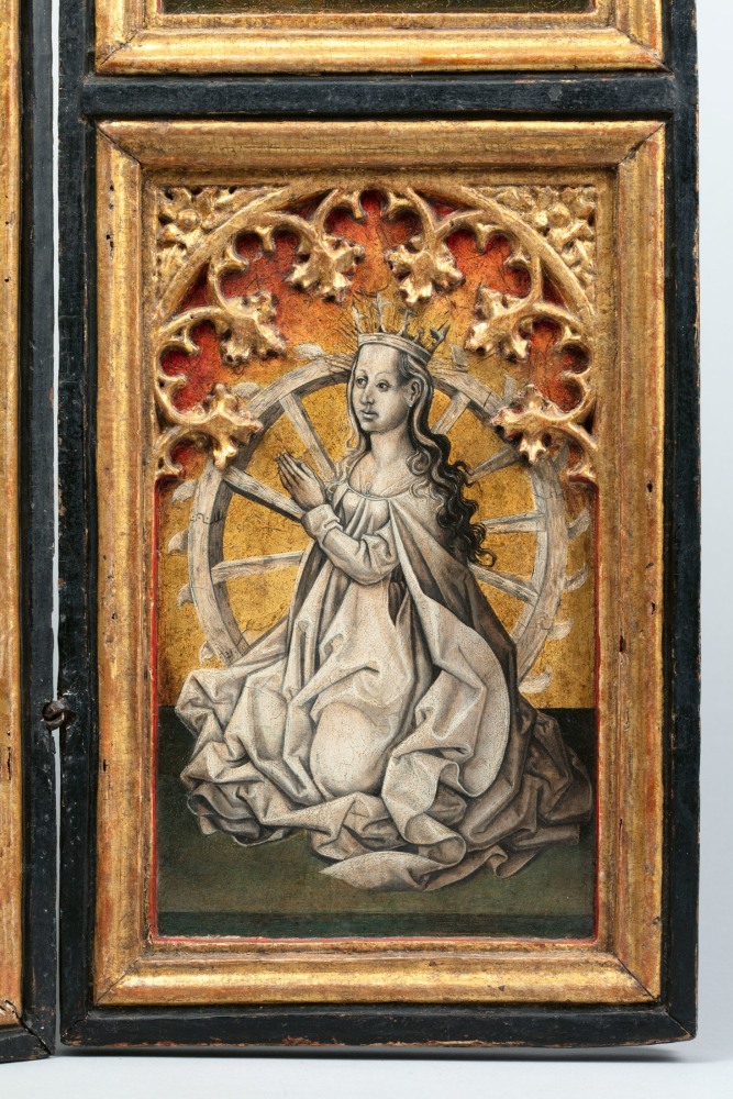 Fernando Gallego (Salamanca, 1440-1507)
Triptych of the Virgin and Child with Saints Andrew, John, Catherine and Eustace, c. 1480-1490
Oil and gilding on softwood panels with original split hinges and applied framing elements, imitation of porphyry on reverse
Central panel: 26.4 x 17.6 x 1 inches (67 x 44.8 x 2.8 cm)
Each wing: 26.25 x 8.75 x 1 inches (66.8 x 22.5 x 2.7 cm)
