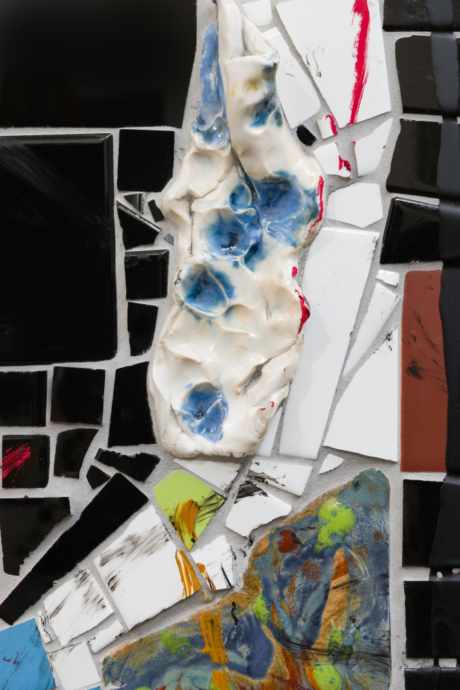 Rashid Johnson
Untitled Broken Men, 2022 (detail)
Ceramic tile, mirror tile, oyster shells, branded red oak, bronze, spray enamel, oil stick, black soap, and wax
49 1/2 x 38 1/2 x 3 1/2 inches
(125.7 x 97.8 x 8.9 cm)
&amp;copy; Rashid Johnson; Courtesy of the artist, David Kordansky Gallery, Los Angeles, and Luhring Augustine, New York. Photo: Stephanie Powel.