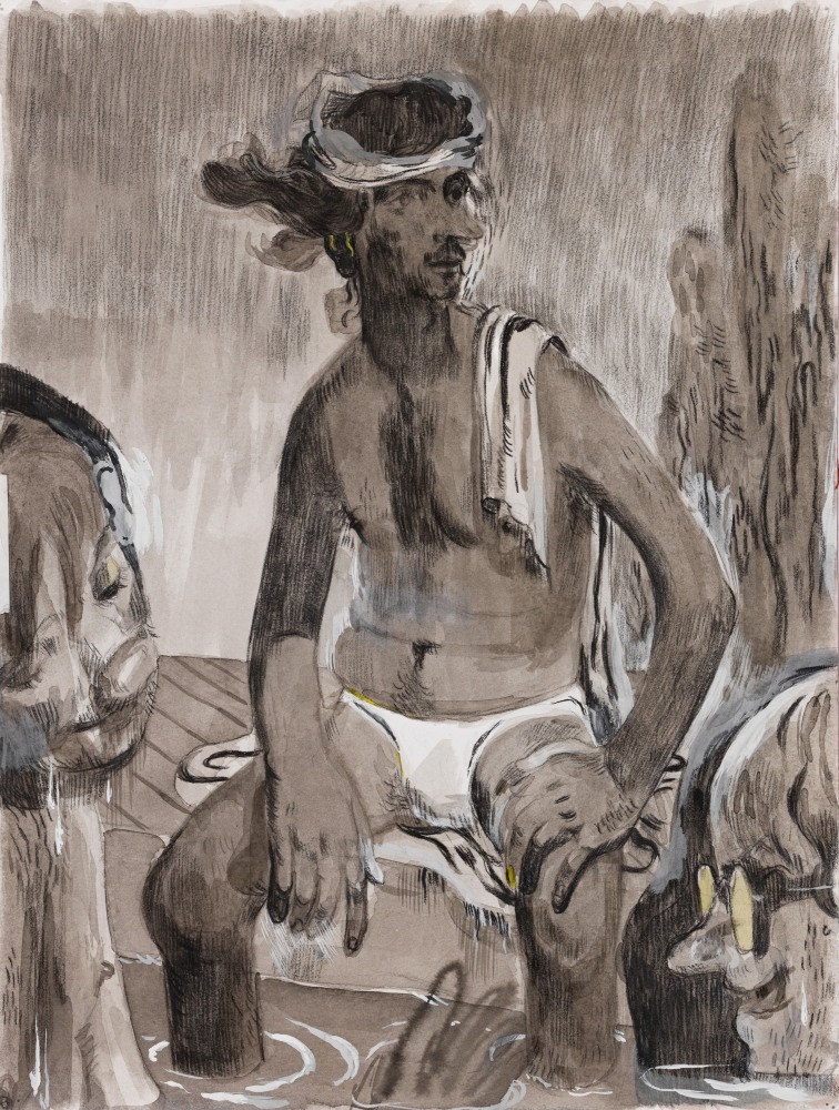 Salman Toor
Poolside, 2024
Charcoal, ink, and gouache on paper
16 x 12 1/8 inches
(40.6 x 30.8 cm)
Framed: 21 1/2 x 17 5/8 inches
(54.6 x 44.8 cm)