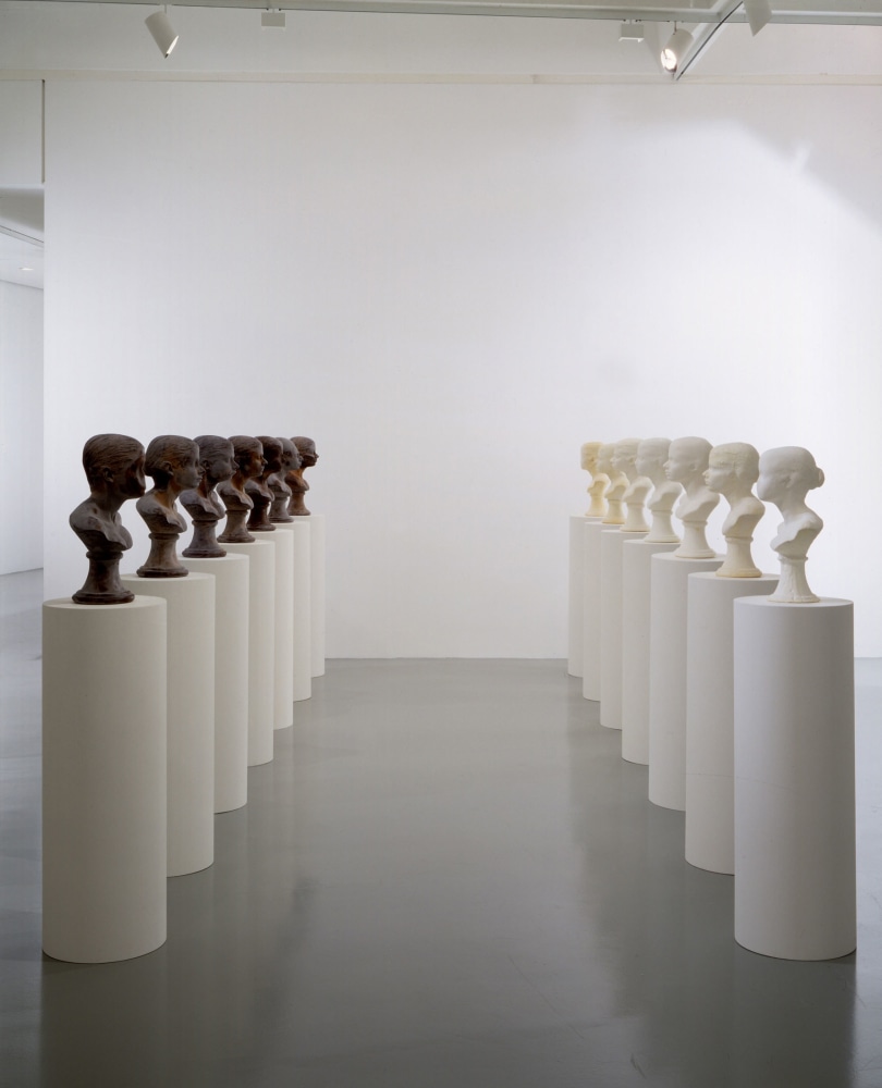 Janine Antoni
Lick and Lather, 1993
14 busts: 7 chocolate and 7 soap, 14&amp;nbsp;pedestals
Edition of 7 and 2 artist&amp;#39;s proofs
Each: 24 x 16 x 13 inches (60.96 x 40.64 x 33.02 cm)