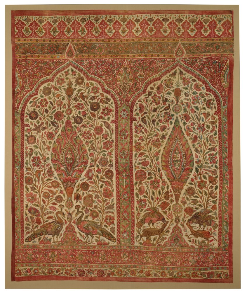 A painted cotton two-niche Qanat panel
Golconda region of the Coromandel Coast, c.1640-1650
Mordant-painted and -dyed and resist-dyed plain-weave cotton
Textile: 92 x 75 inches (234 x 191 cm)
Stretcher 96.5 x 80 1/2 inches (245 x 204.5 cm)