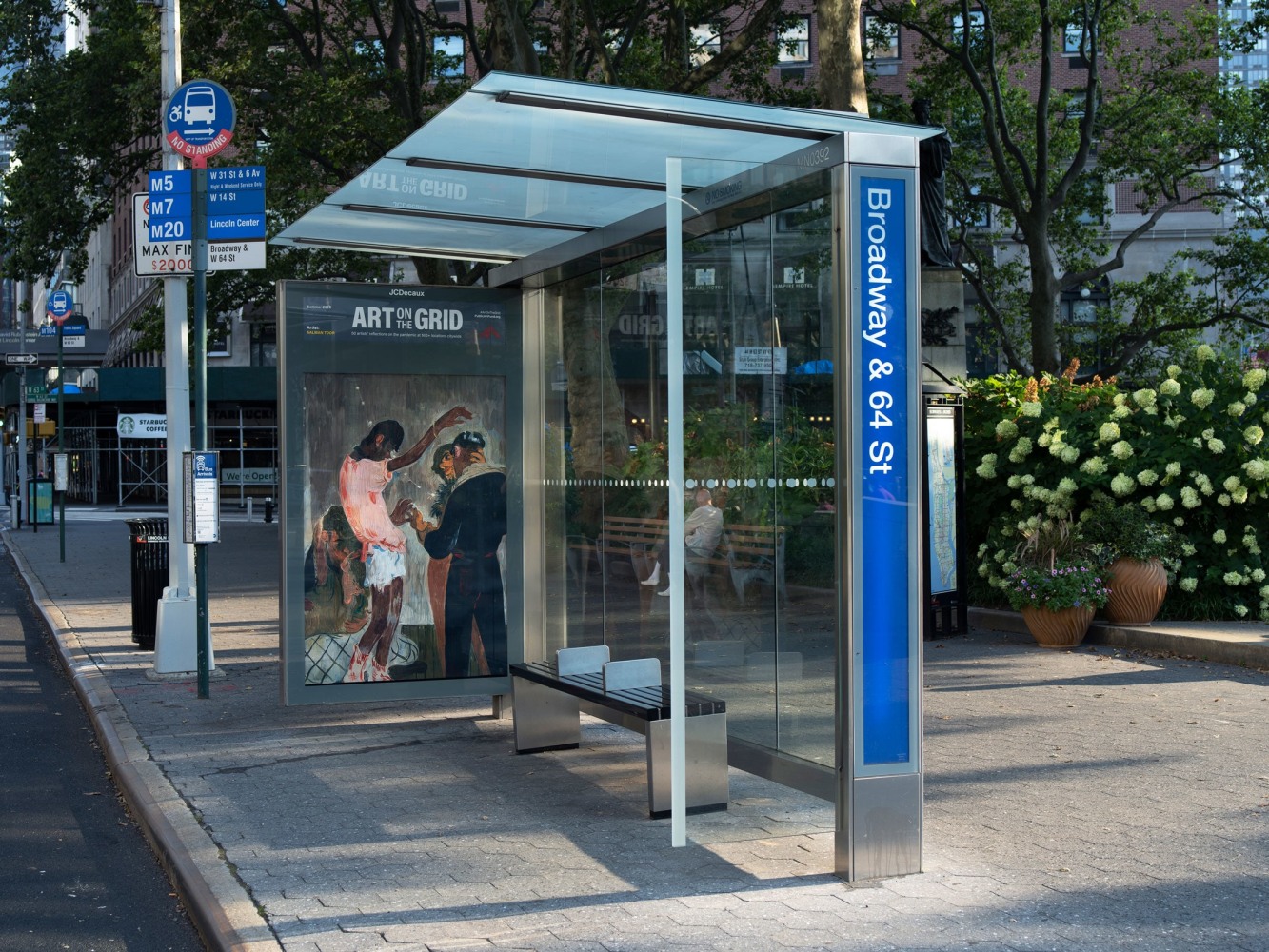Salman Toor
Downtown Boys, 2020
Broadway between W 64 St&amp;nbsp;&amp;amp; W 63 St, Manhattan
Photographic work as a part of&amp;nbsp;Art on the Grid, presented by Public Art Fund on JCDecaux bus shelters citywide
June 29, 2020 &amp;ndash; September 20, 2020