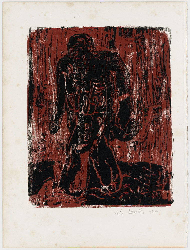 Georg Baselitz
Der Neue Typ [The New Type], 1966
Signed/Dated: Probe [test]; Baselitz 1966
Woodcut on paper
Images size: 16 7/8 x 13 1/2 inches (42.7 x 34.3 cm)
Paper size: 22 3/4 x 17 1/4 inches (57.8 x 43.8 cm)
Framed dimensions: 29 1/16 x 23 1/8 inches (73.9 x 58.7 cm)
&amp;copy; Georg Baselitz 2021
Photo:&amp;nbsp;&amp;copy;&amp;nbsp;bernhardstrauss.com