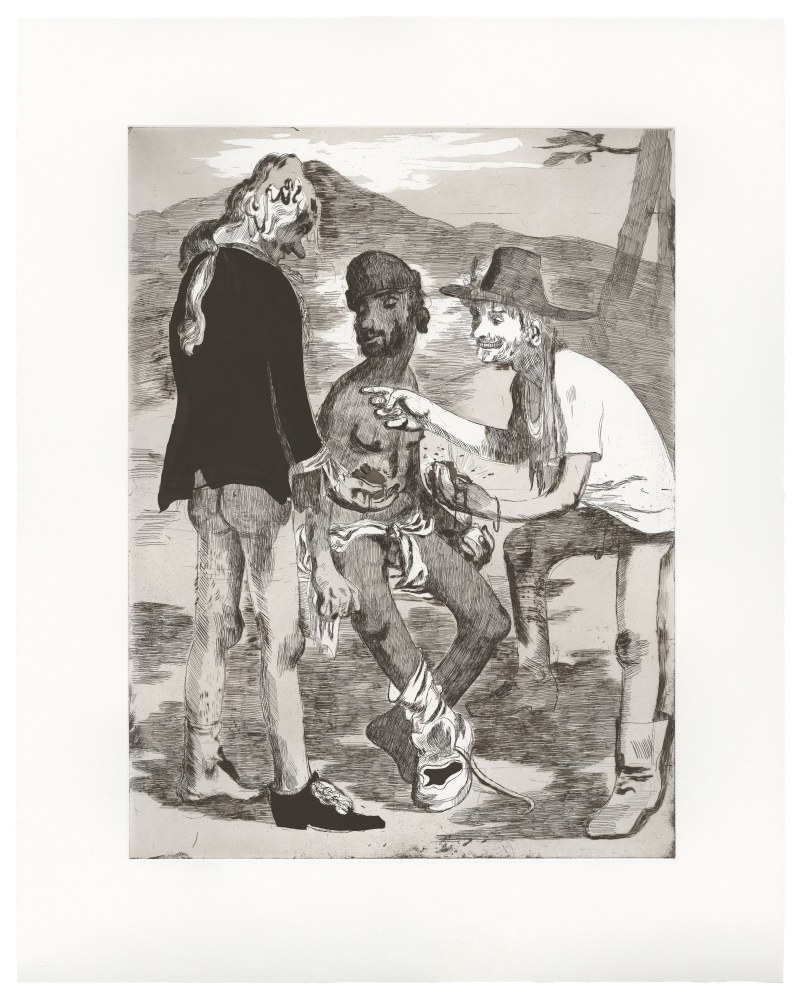 Salman Toor
The Barter, 2025
Intaglio on Arches En Tout Cas paper
31 3/8 x 25 inches (79.7 x 63.5 cm)
Framed: 34 3/8 x 28 1/8 inches (87.2 x 71.3 cm)
Limited Edition