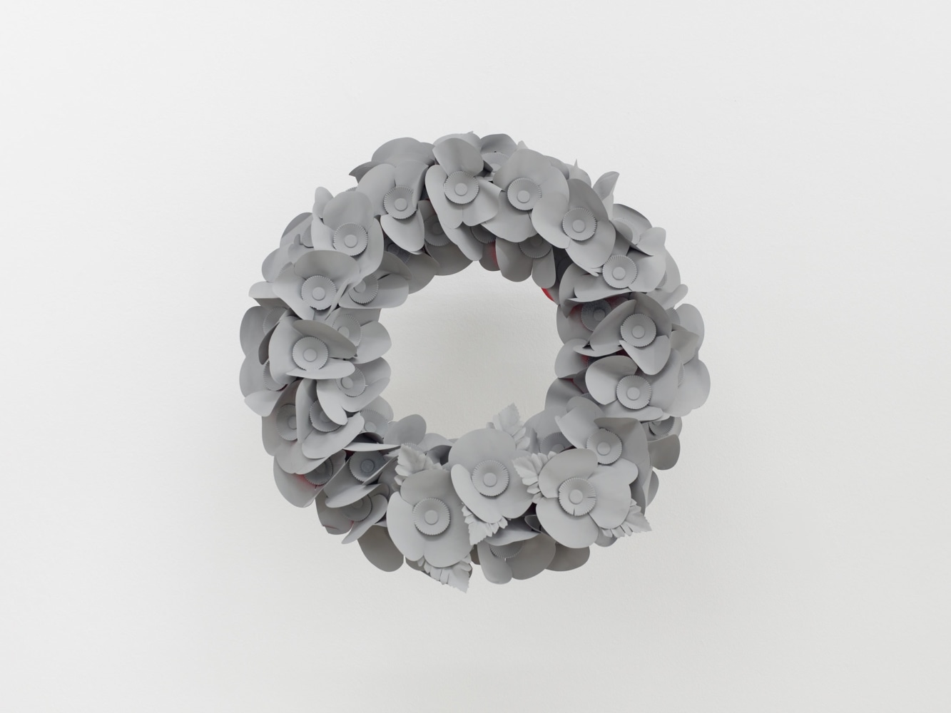 Camilla Wills
Anti-imperial Monochromes, 2021
Five Royal British Legion poppy wreaths, signal grey paint
Each: 15 3/4 x 15 3/4 x 12 5/8 inches (40 x 40 x 32 cm)
&amp;copy; Camilla Wills; Courtesy of the artist, d&amp;eacute;pendance, Brussels, and Luhring Augustine, New York.
Photo&amp;nbsp;by Kristien Daem.