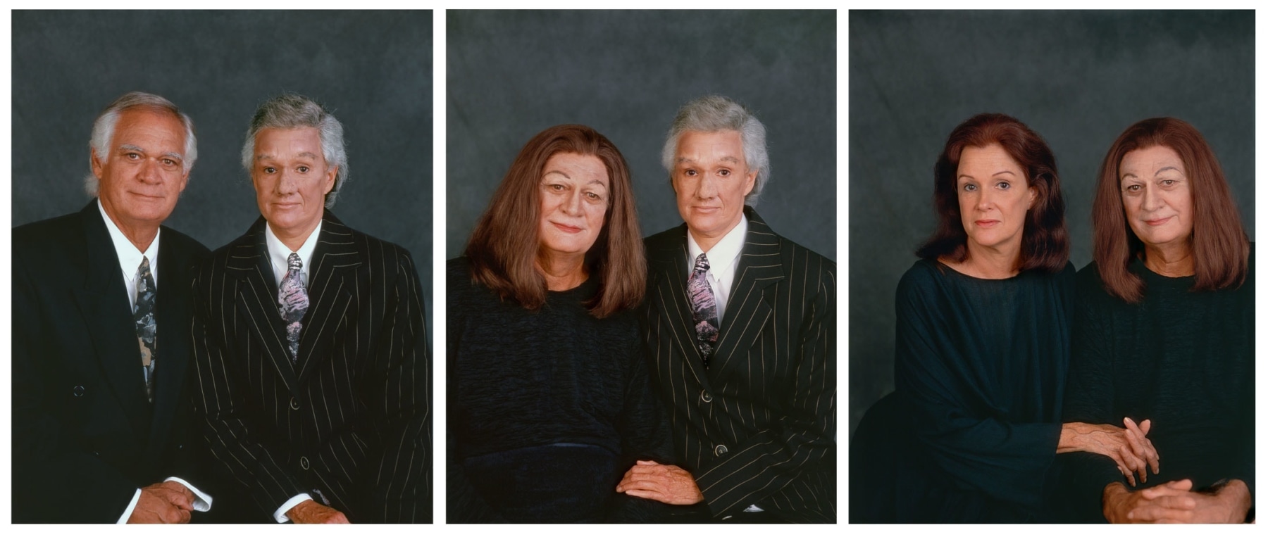 Janine Antoni
Mom and Dad, 1994
Mother, Father, makeup, cibachrome triptych, artist&amp;#39;s frames
Edition of 6 and 4 artist&amp;#39;s proofs
Each image: 24 x 20 inches (60.96 x 52.8 cm)
Each framed: 30 x 34 inches (76.2 x 86.4 cm)