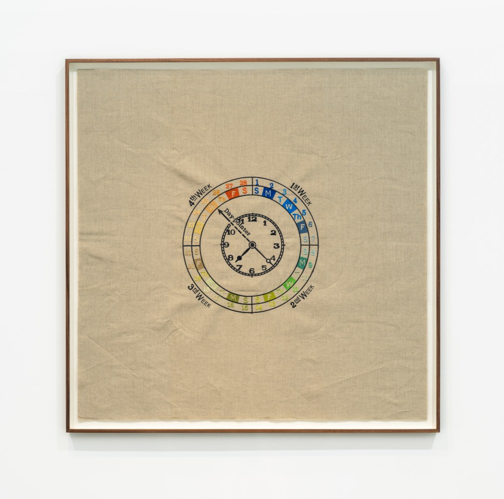 Marina Pinsky

13-Month Calendar Clock

2021

Digital embroidery on Belgian linen

35 3/8 x 35 3/8 inches (90 x 90 cm)

37 3/4 x 37 3/4 x 1 5/8 inches (96 x 96 x 4 cm) framed

MPI 276









