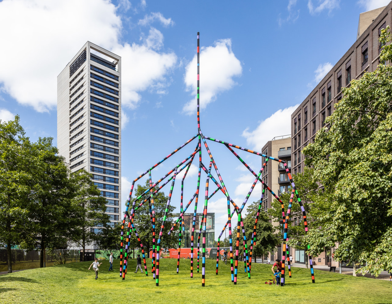 Eva Rothschild

My World and Your World

2020

painted steel, zinc and polyester

52 ft 5 inches x 39 ft 2 inches x 38 ft 9 inches (1597.6 x 1193.4 x 1180.6 cm)

ER 253

Commissioned by The King&amp;rsquo;s Cross Project. Located at Lewis Cubitt Park in King&amp;rsquo;s Cross, London.&amp;nbsp;

Photo: John Sturrock

&amp;nbsp;