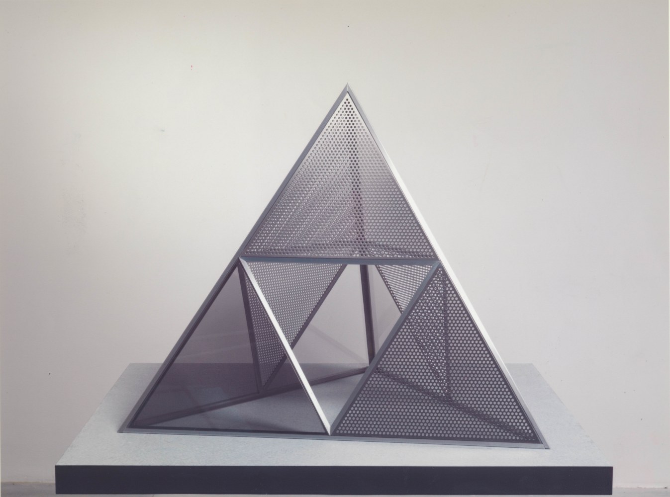 Dan Graham

Shinohara&amp;rsquo;s Pyramid

2021

Two-way mirror, perforated metal

180 x 215 x 215 inches (457.2 x 546.1 x 546.1 cm)

DG 177

&amp;nbsp;

INQUIRE

