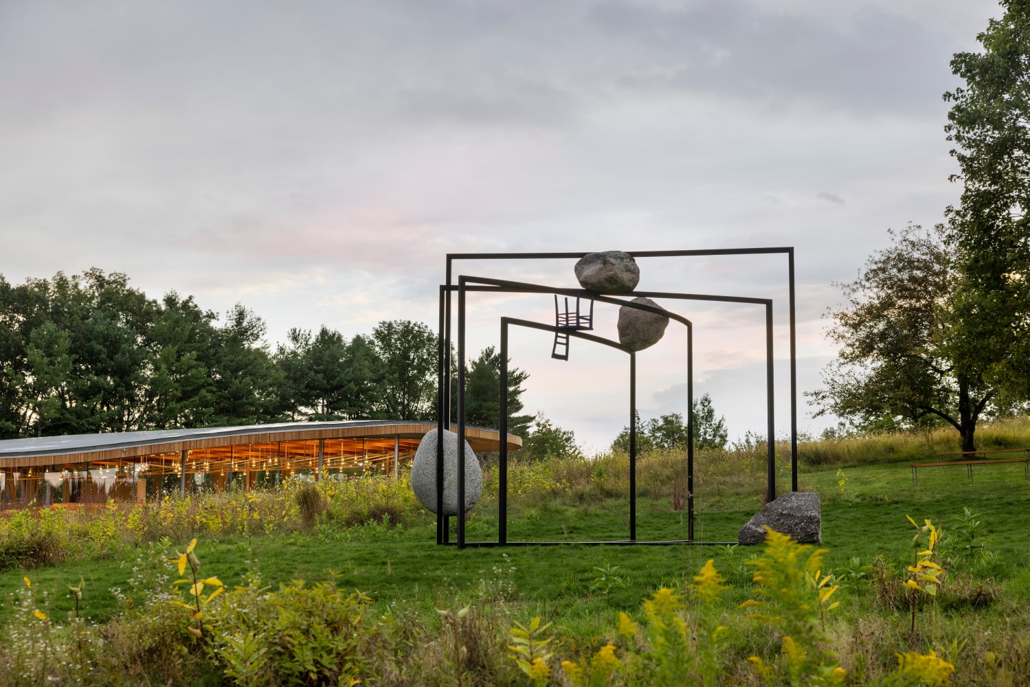 Installation view: Alicja Kwade, ParaPosition, Grace Farm Foundation, CT, 2025