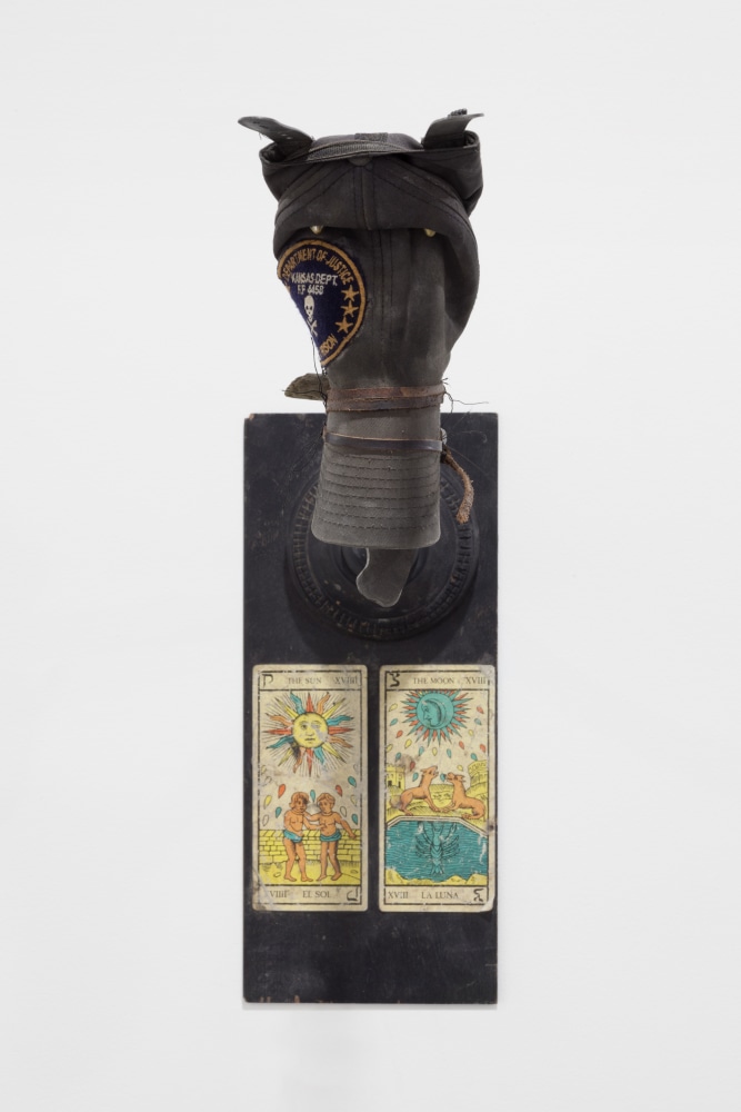 Mike Nelson

Trophy head (the Wizard)

2016

Wood, stone, metal, paper, cloth, plastic, leather, paint

21 1/2 x 7 x 25 inches (54.6 x 17.8 x 63.5 cm)

MN 113

&amp;nbsp;

INQUIRE