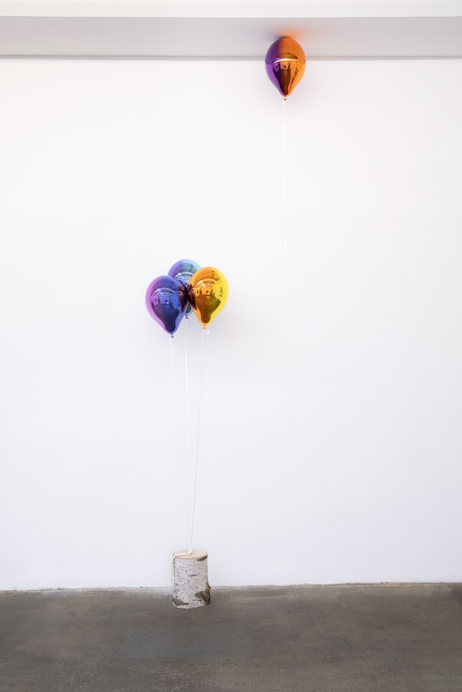 Jeppe Hein

Thoughts&amp;hellip;#08

2019

Glass fiber reinforced plastic, chrome lacquer (medium

purple and medium blue, dark violet and light blue,

medium orange and medium yellow, dark orange and

dark purple), magnet, strings (white smoke), birch stem

4 balloons: 15 3/4 x 10 1/4 x 10 1/4 inches (40 x 26 x 26 cm) each

Unique

JH 554

&amp;nbsp;

INQUIRE