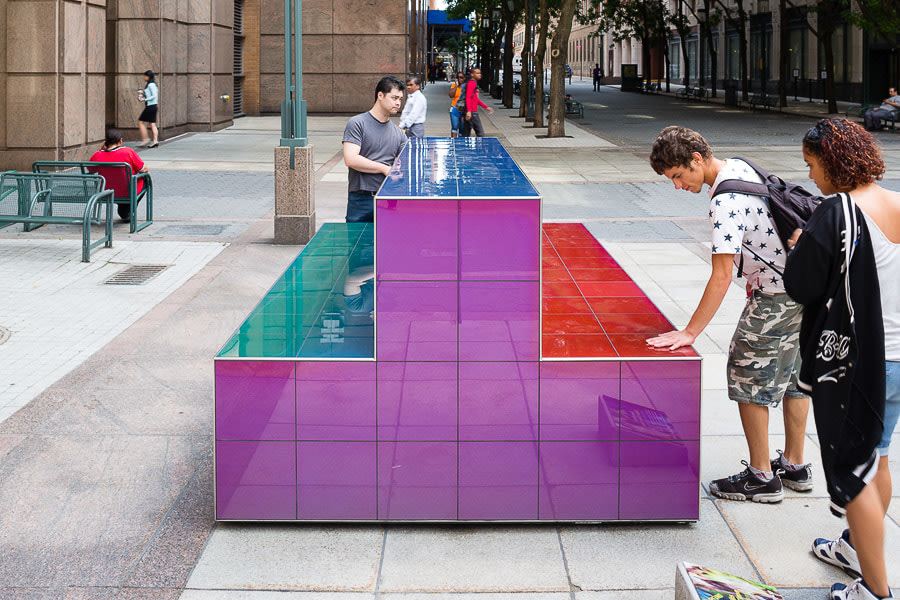 Sam Falls

Untitled (Thermochromic Bench)

2014

Liquid crystal &amp;quot;Touch Sensitive&amp;quot; glass tiles, steel

48 x 120 x 72 inches (121.9 x 304.8 x 182.9 cm)

Installation view:&amp;nbsp;Light Over Time, Public Art Fund, New York, 2014

&amp;nbsp;

INQUIRE