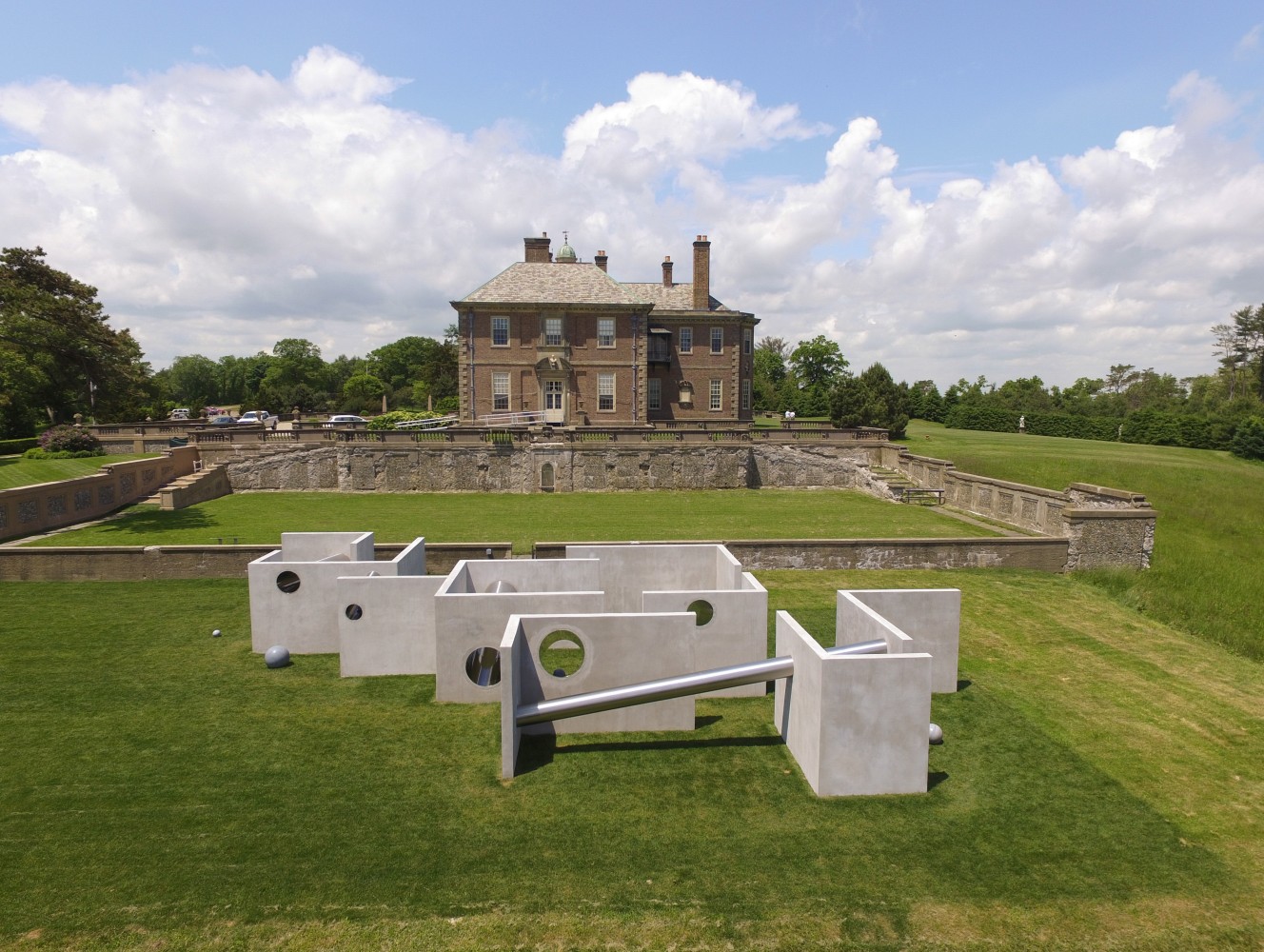 Alicja Kwade
TunnelTeller, 2018
Stainless steel, concrete, natural stone (Macauba azul)
Site specific installation for The Trustees&amp;rsquo; Castle Hill on the Crane Estate
Photo: Peter Vanderwarker Photography

&amp;nbsp;