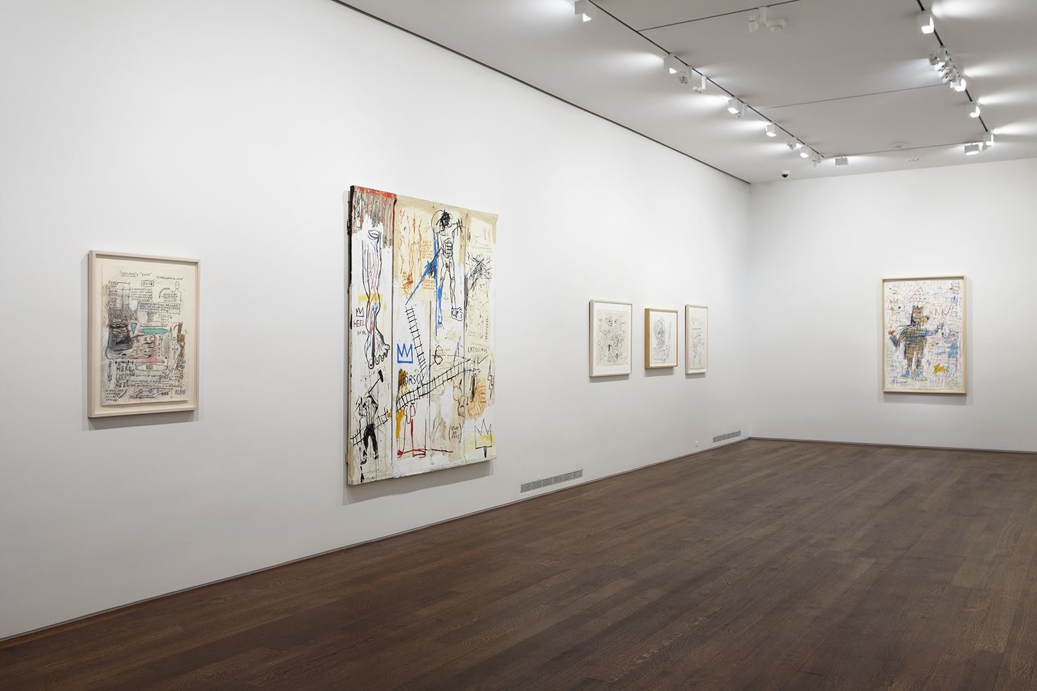 Installation view of Jean-Michel Basquiat Drawing: Work from the Schorr Family Collection, April 30 - June 12, 2014.  © Estate of Jean-Michel Basquiat. Licensed by Artestar, New York.
