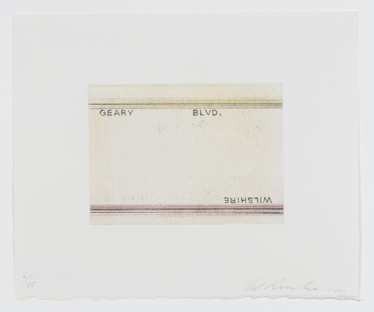 Ed Ruscha (b. 1937)
Geary, Wilshire, from Los Francisco San Angeles, 2001
Soft ground etching
Image: 4 x 5 1/2 inches
Sheet: 8 1/4 x 9 1/2 inches
Edition of 45
Signed and numbered
RUS013
