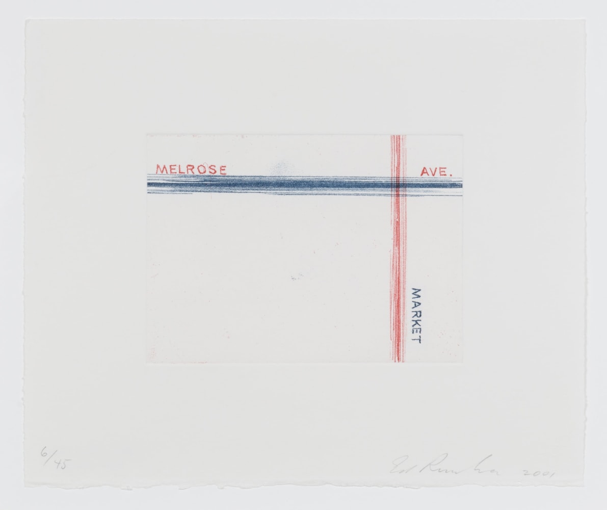 Ed Ruscha (b. 1937)
Melrose, Market, from Los Francisco San Angeles, 2001
Soft ground etching
Image: 4 x 5 1/2 inches
Sheet: 8 1/4 x 9 1/2 inches
Edition of 45
Signed and numbered
RUS010