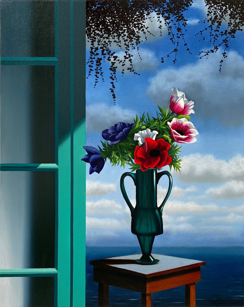 Bruce Cohen, Interior with Anemones and Ocean View, 2023, Oil on canvas