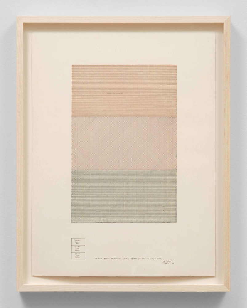 Sol LeWitt (1928-2007)

Three-Part Drawing Using Three Colors In Each Part, February 16, 1970

Ink on paper

18 5/8 x 14 inches, sheet

21 x 16 1/4 x inches, framed