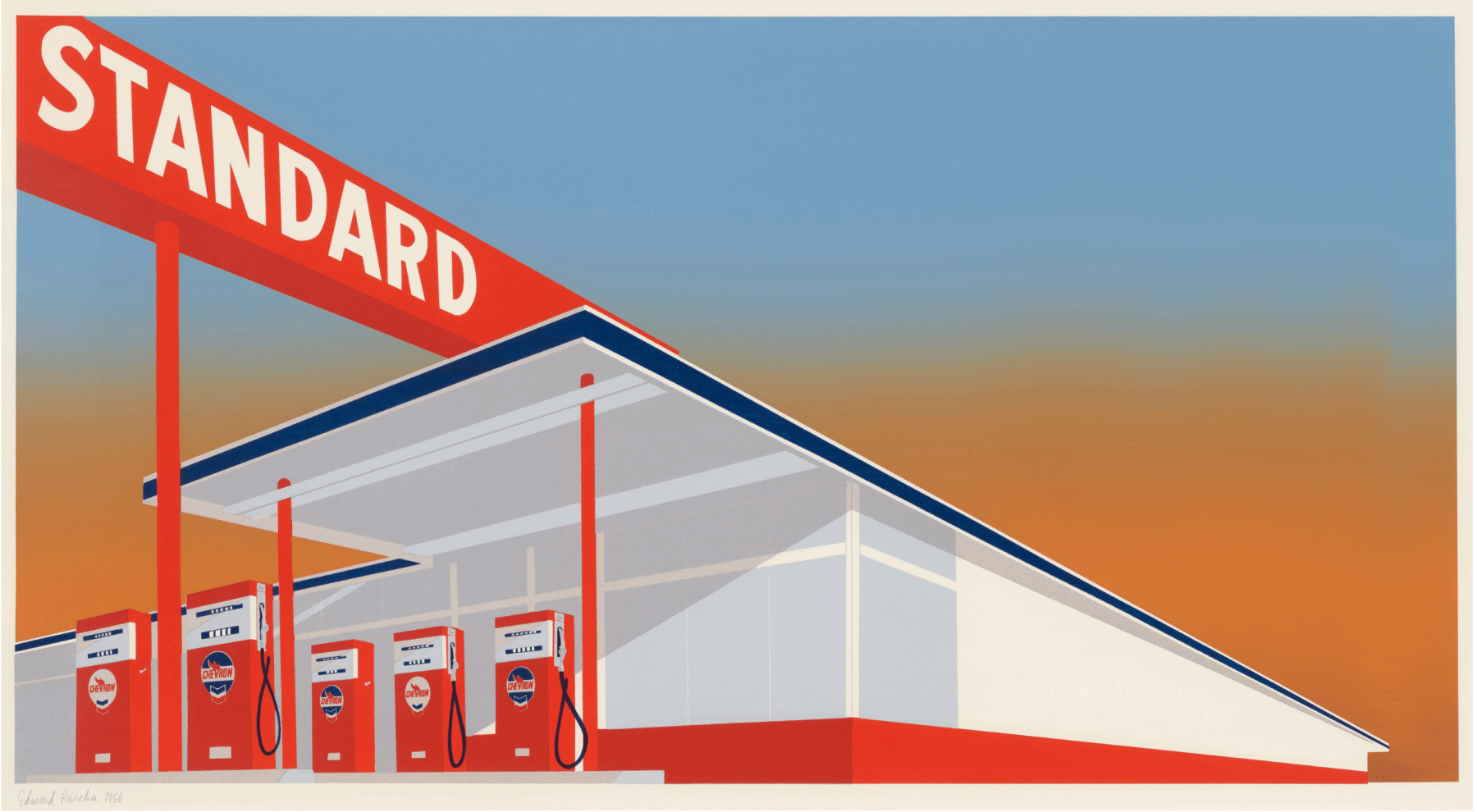 Ed Ruscha&amp;nbsp;(b. 1937)

Standard Station,&amp;nbsp;1966

Color screenprint on commercial buff paper

25 5/8 x 40 inches

Edition of 50