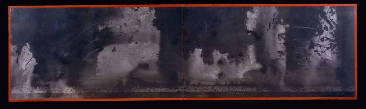 Koie Ryōji (b. 1938)  Abstract ink painting  1999  2-fold &quot;sleeping&quot; screen  19 1/2 x 72 1/4 inches  Inv# 10695