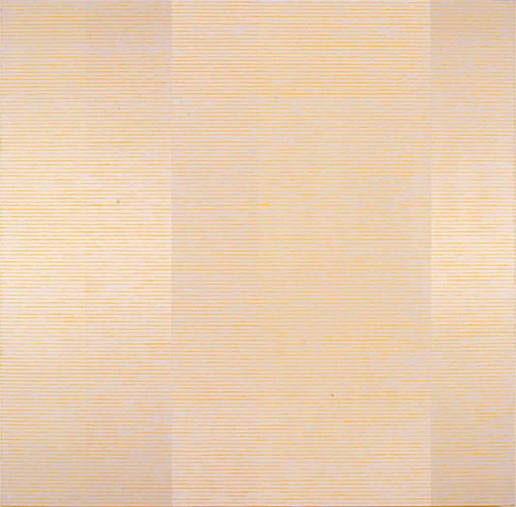 FLOW - GREY OVER YELLOW, 1997 Acrylic on canvas, 54 x 54&quot;