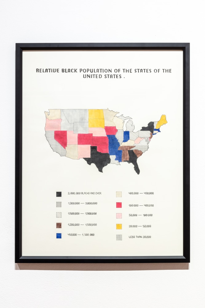 jina valentine
Relative Black population of the States of the United States, 2021
Data visualization rendered in gouache and ink on paper
28 &amp;times; 22 in.
71.1 &amp;times; 55.9 cm
Framed: 29&amp;nbsp;&amp;frac12; &amp;times; 23&amp;nbsp;&amp;frac12; &amp;times; 1 in.
(74.9 &amp;times; 59.7 &amp;times; 2.5 cm)