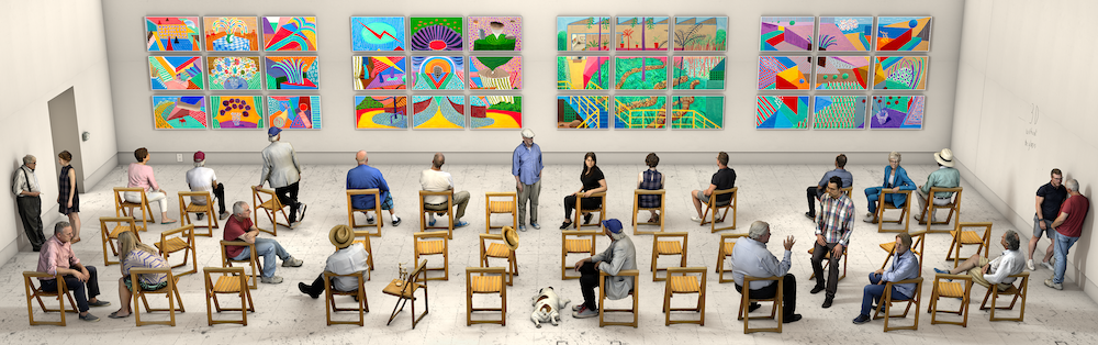 David Hockney
Pictures at an Exhibition,&amp;nbsp;2018/2021
Photographic drawing printed on paper
15 feet 7 inches x 50 feet (4.7 x 15.2 m)
Unique exhibition copy