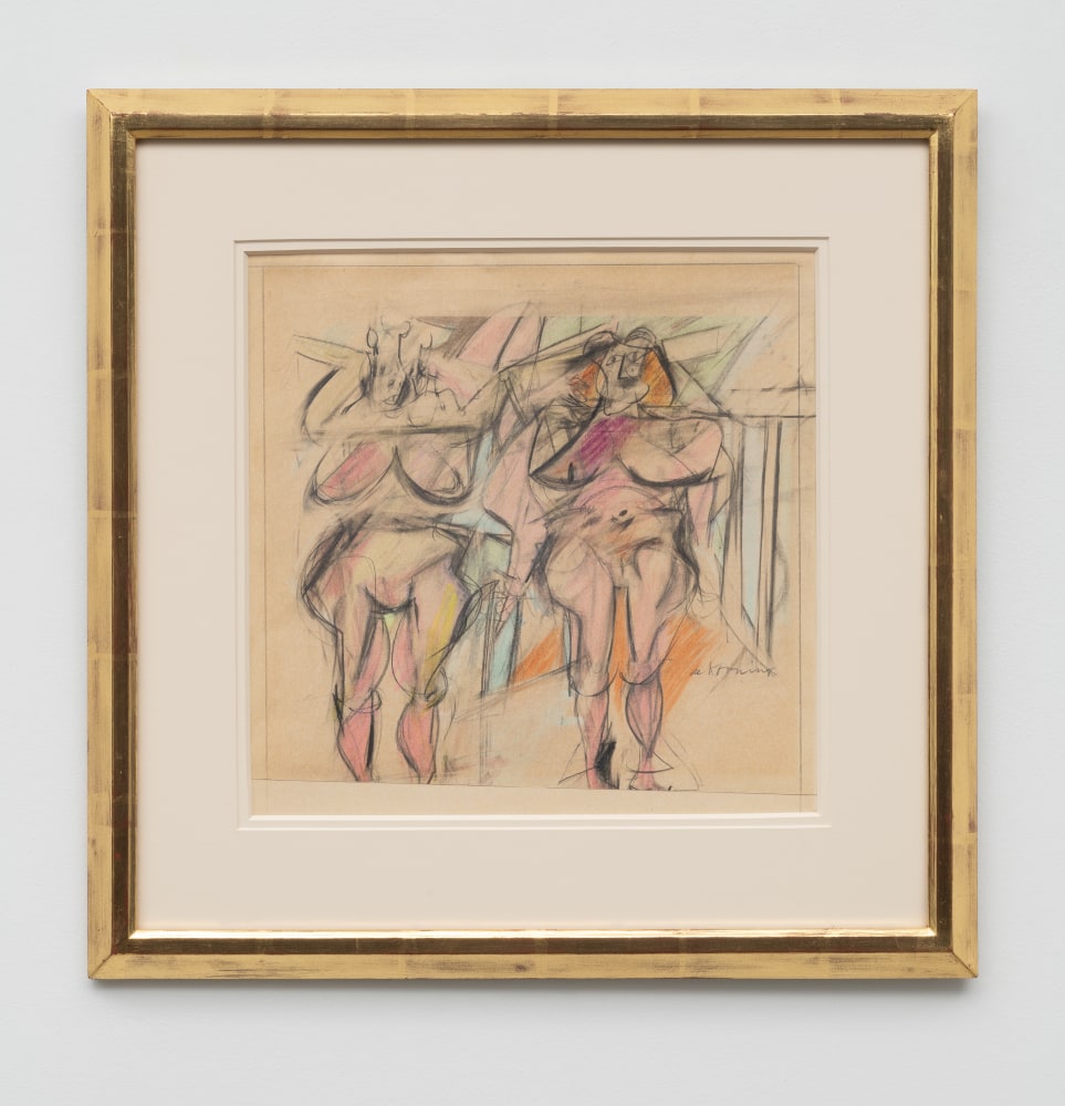 Willem de Kooning
Two Women I, 1952
Pastel and charcoal, with smudging, wet brush and erasing, on cream wove card (pieced), ruled at perimeter with graphite and along lower edge with incising
14 &amp;frac12; &amp;times; 15 &amp;frac34; in.
(37.1 &amp;times; 40.1 cm)
Private Collection