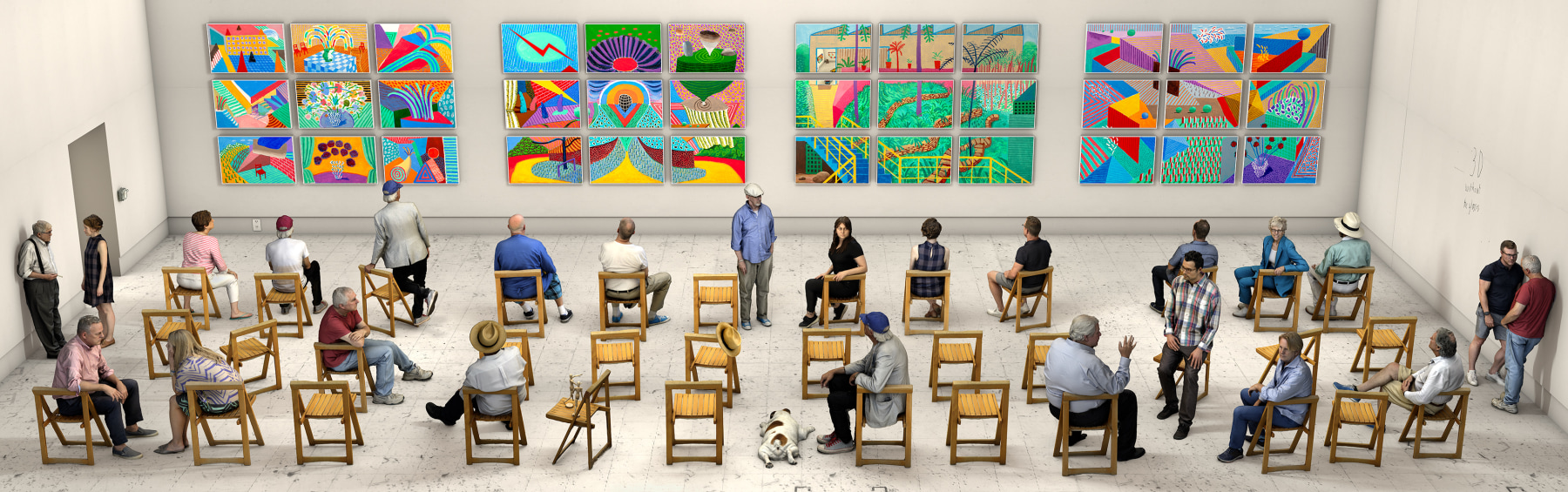 David Hockney (b. 1937)
Pictures at an Exhibition, 2018
Photographic drawing printed on 8 sheets of paper,
mounted on 8 sheets of Dibond
8 feet 11 1/2 inches x 28 feet 8 inches (2.7 x 8.7 m)
Edition of 12