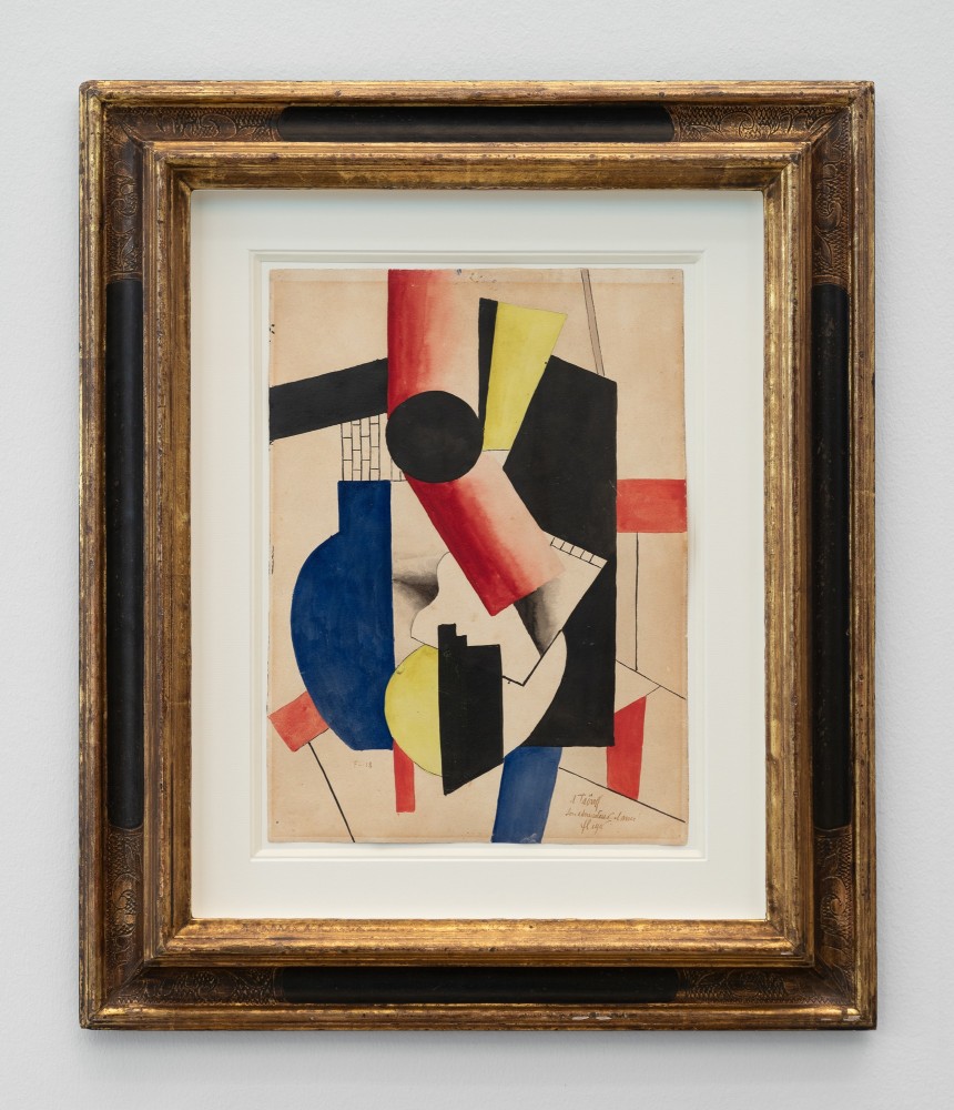 Fernand L&amp;eacute;ger
Composition au vase bleu, 1918
Gouache, watercolor, brush and ink on paper
15&amp;nbsp;⅜ &amp;times; 11 ⅜ in.
(39.1 &amp;times; 28.9 cm)
Private Collection