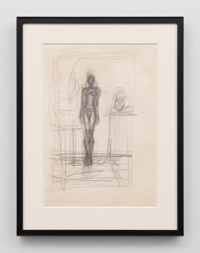 Alberto Giacometti
Nu debout dans un int&amp;eacute;rieur (recto); Int&amp;eacute;rieur d&amp;#39;atelier (verso), 1950
Pencil on paper
21 ⅛ &amp;times; 14&amp;nbsp;⅞ in.
(53.7 &amp;times; 37.8 cm)
Private Collection