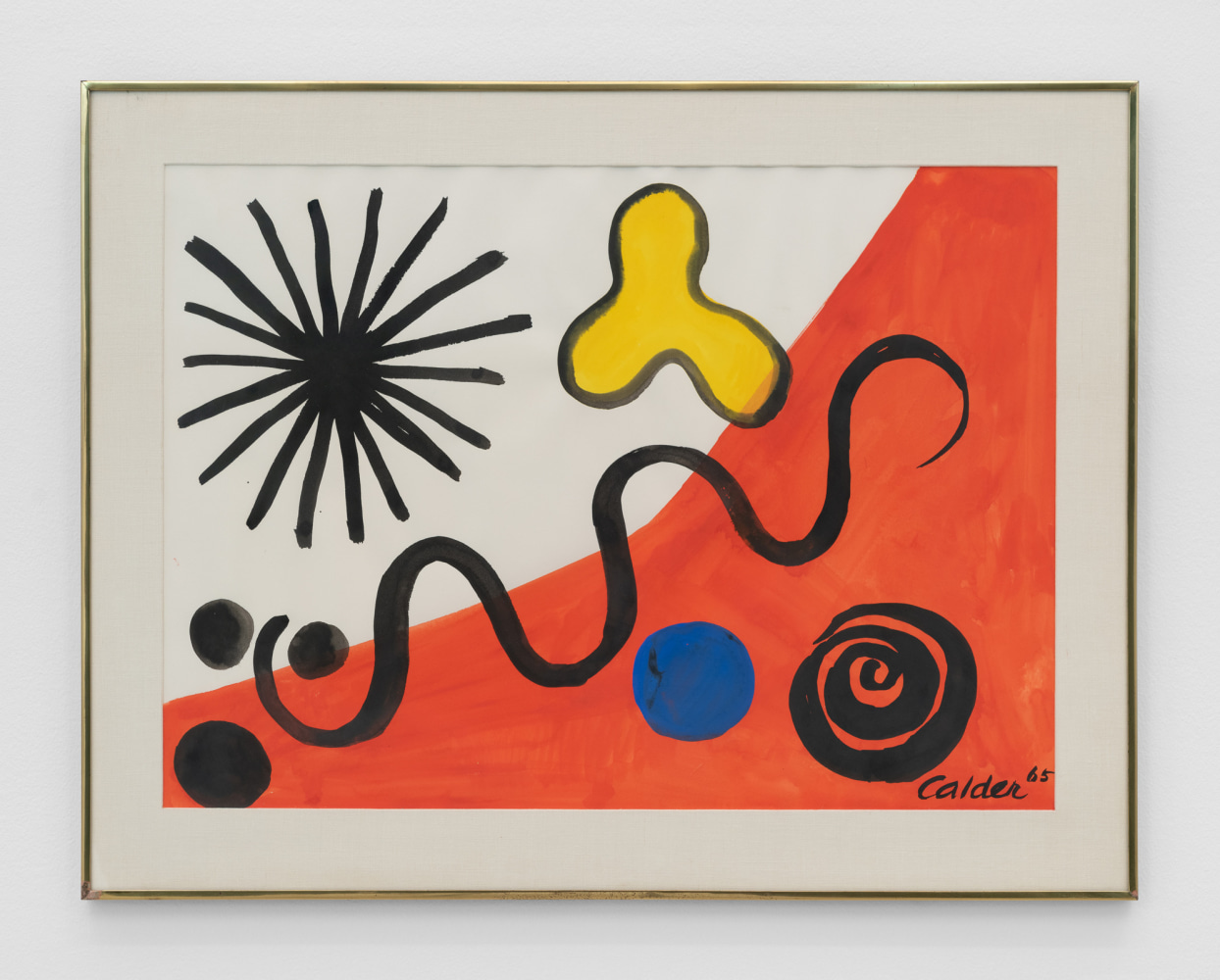 Alexander Calder
Black Streamer, 1965
Gouache on paper
21 &amp;frac14; &amp;times; 29 &amp;frac14; in.
(54 &amp;times; 74.3 cm)
Private Collection