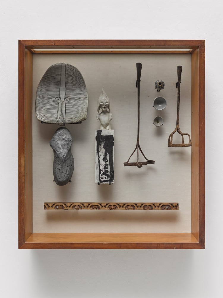 Theaster Gates
Malaga Vitrine #1, 2019
Wooden vitrine, glass and various objects
42 &amp;times; 37 3/4 &amp;times; 12 1/8 inches (106.7 &amp;times; 95.9 &amp;times; 30.8 cm)