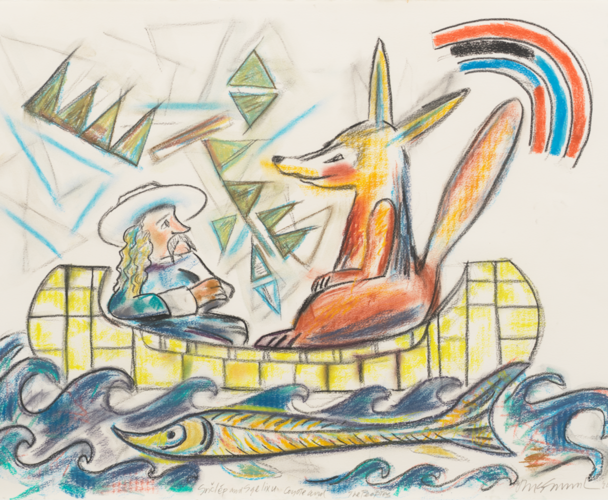 Jaune Quick-to-See Smith
Snclep and Sgelixu Coyote and the Peoples, 2024
Pastel on paper
22 x 30 inches (55.9 x 76.2 cm)