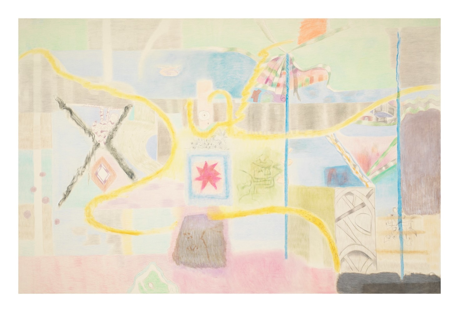 Mario Martinez, Brooklyn; Yaquis &amp;amp; Gowanus Conversation #4, 2024, Acrylic, ink, and colored pencil on canvas, 84 x 132 inches