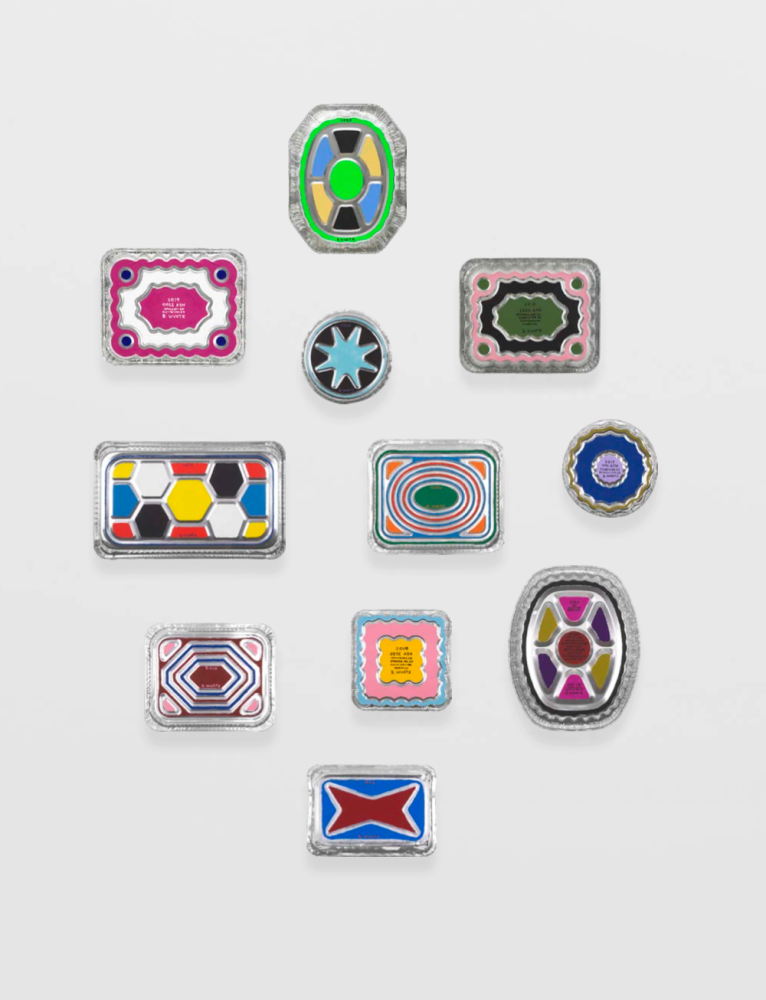 B. Wurtz
Pan Paintings, 1996&amp;ndash;2023
Acrylic on aluminum pans
Dimensions variable