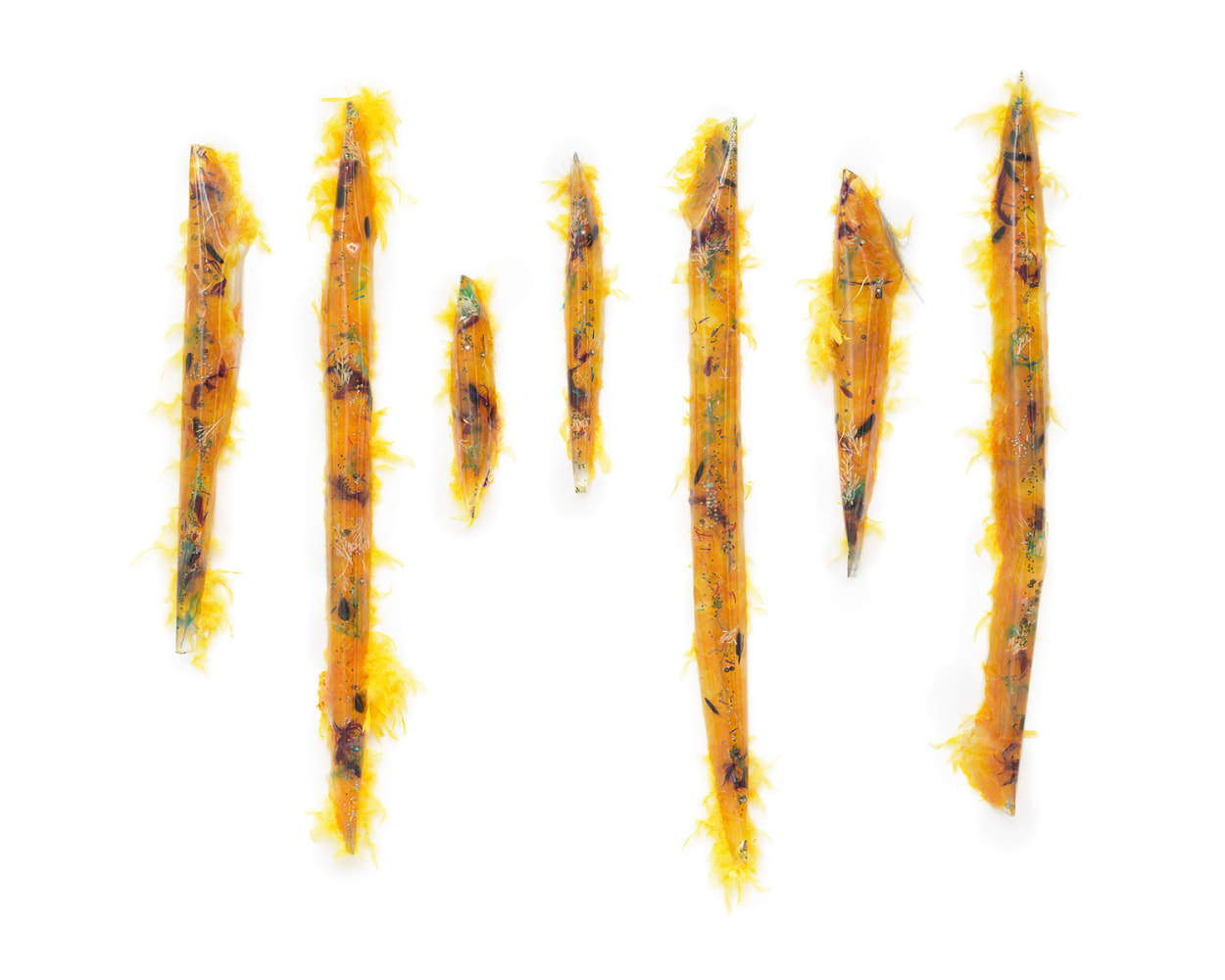 YELLOW JACKET, 2025
Resin, feathers, glass, metal, dry pigments, mylar, shells, rubber
57 x 62 x 3 inches