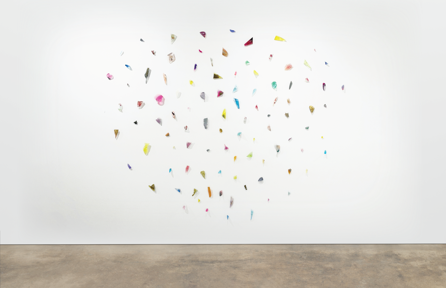 CUT, 2025
Resin, feathers, glass, metal, dry pigments, mylar, shells, rubber, marble dust
90 x 116 x 3 inches